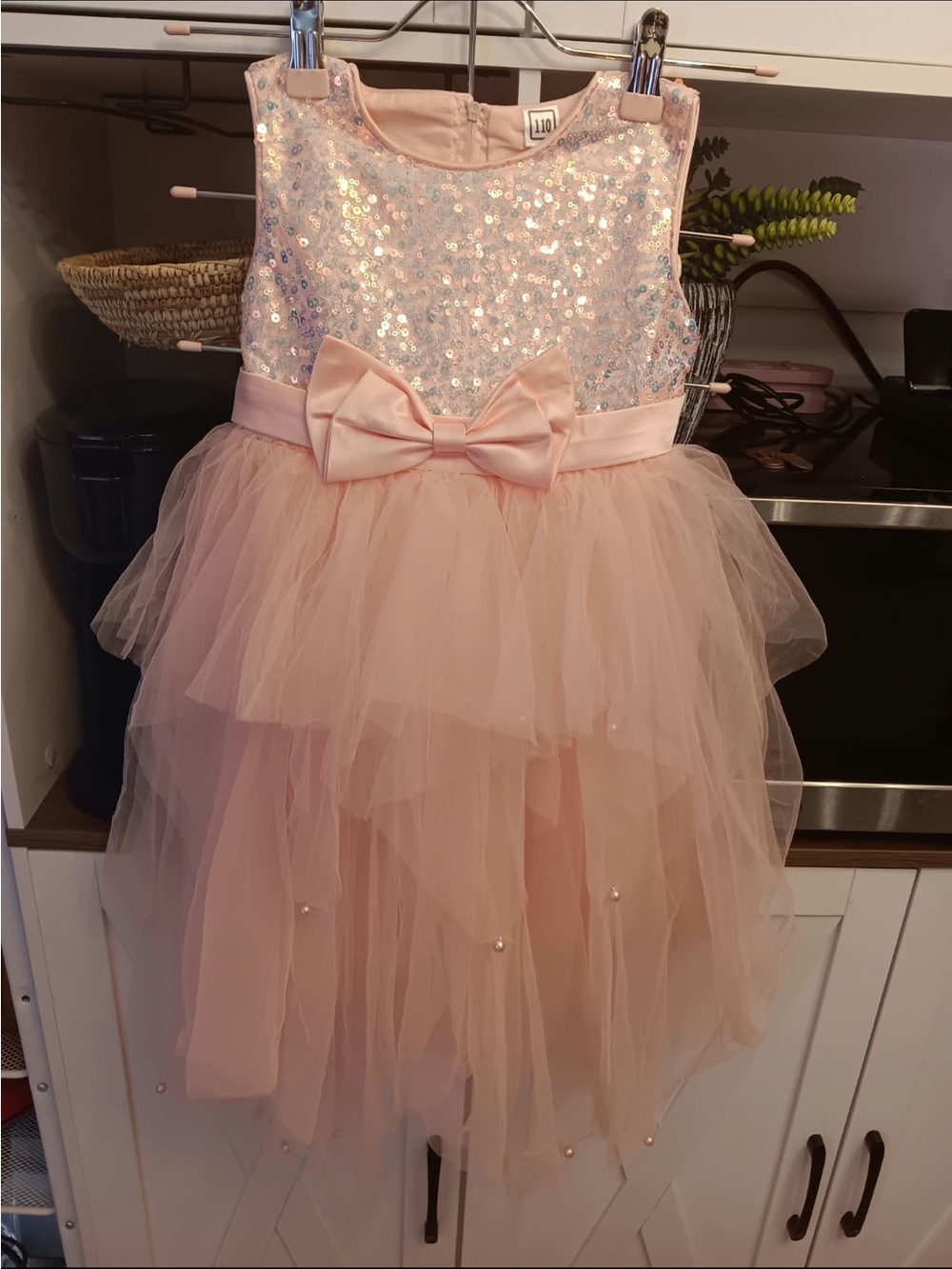 Girls Pink Sequin Tulle Dress with Bow